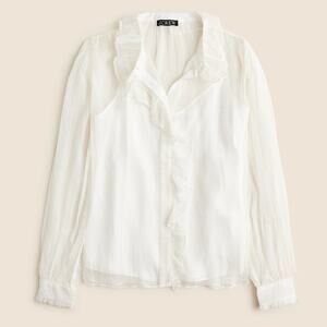J.Crew Ruffle Button Up Shirt Crinkle Chiffon Sheer Boho Cupro Ivory US 4 NWT